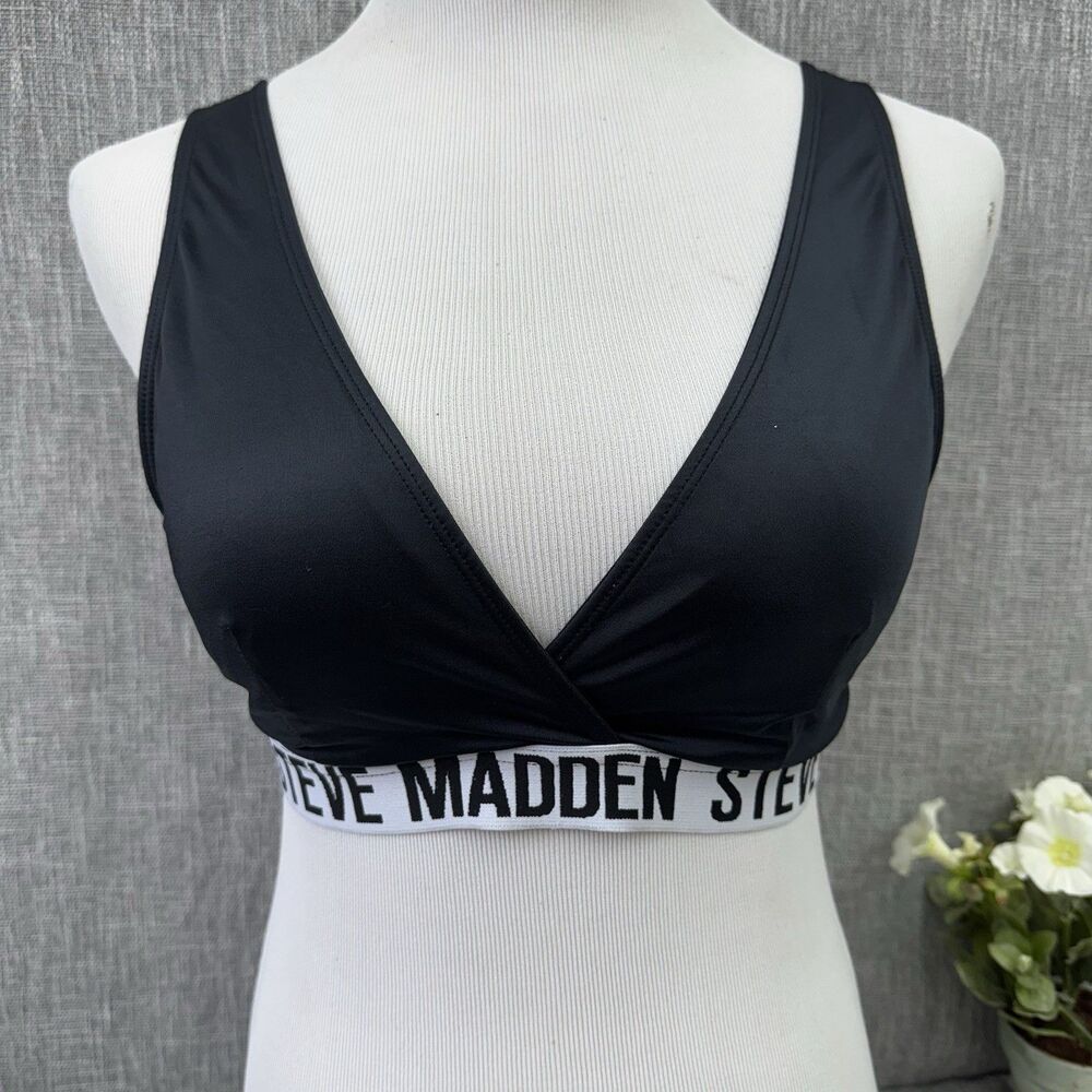 Steve Madden Black Sports Bra XL Bralette Logo Band V-Back Hook Slots For Pads
